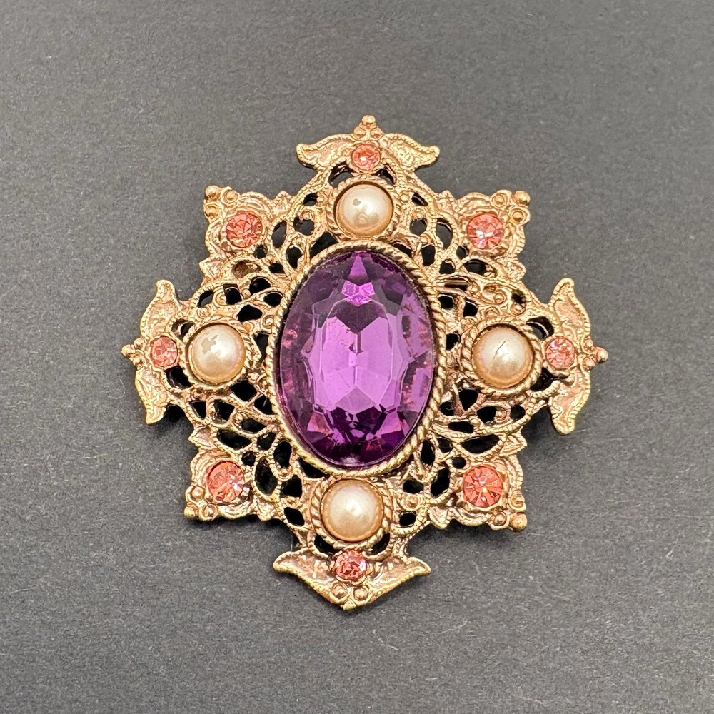 1928 Brand Victorian Revival Brooch Purple Pink Glass Faux Pearl Rose Gold Tone